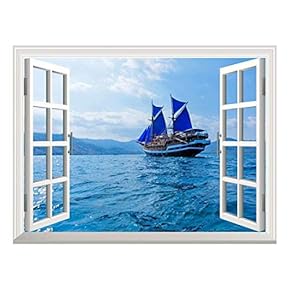 Removable Wall Sticker/Wall Mural - Vintage Wooden Ship with Blue Sails Near Komodo Island, Indonesia | Creative Window View Home Decor/Wall Decor - 24"x32"