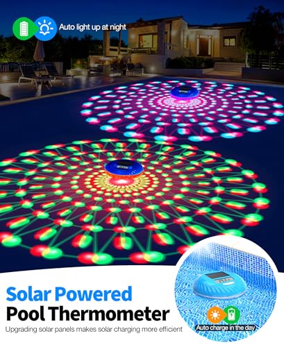 LuxBlue 2 in 1 Solar Pool Thermometer and Pool Lamp, Floating Pool Thermometer with Colourful Underwater Light Show, IP68 Ultra-Accurate Digital Swimming Pool Thermometers, Easy to Read