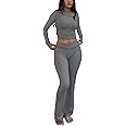 ZFLM Casual Workout Two Piece Outfits Long Sleeve High Waist Fold-Over Flared Leggings Pants Tracksuit Sets Streetwear