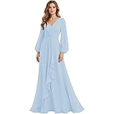 IMCACTOR Women's Chiffon Bridesmaid Dresses Long Sleeve Ruffles V-Neck Pleated Formal Wedding Guest Dresses