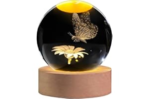 AOFEGRLT 3D Laser Etched Butterfly Crystal Ball with LED Stand, Butterfly Flower Decor Glass Sphere Lamp Night Light, Crystal Figurines Collectibles Gifts for Mom Women Girls
