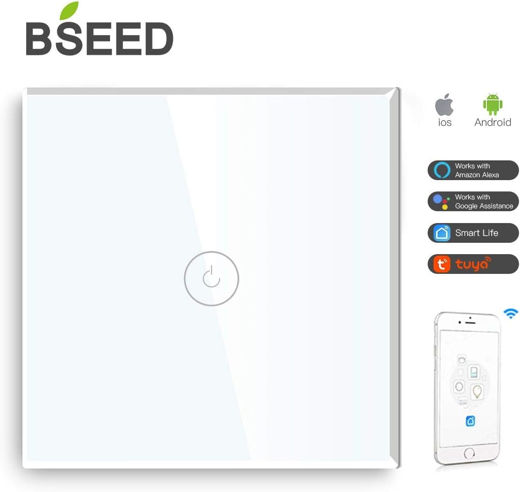 BSEED Smart Light Switch,Touch Switches for Lights,Glass Panel with Backlit,Works with Alexa & Google Assistant,Neutral Wire Required,1 Gang 1 Way,86mm White - Image 3