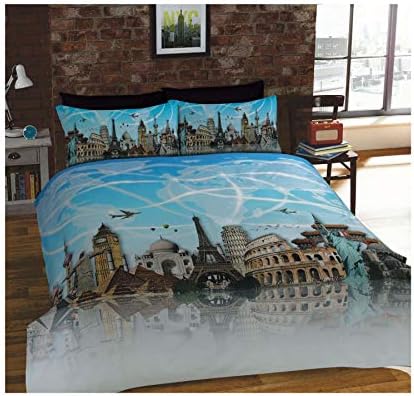 World Landmarks Map Eiffel Tower Big Ben Blue Cotton Blend Usa Twin (135cm X 200cm - Uk Single) Duvet Comforter Cover