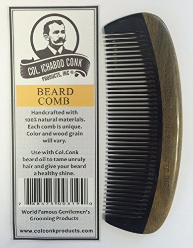 Col Ichabod Conk Handcrafted Green Sandalwood & Horn Beard Comb 4 5/8"x1 5/8" (1 inch teeth) Free unbreakable course/fine pocket comb