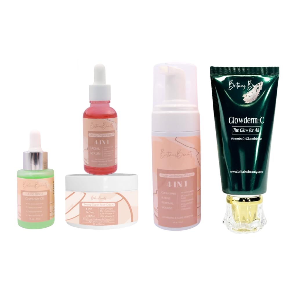 Britain's Beauty Ultimate Skincare Set - Glowderm-C Cream, Cleansing & Acne Removal Mousse, Facial Serum, Dark Spot Corrector Oil, and Facial Cream - 5-in-1 Skin Care Routine for Healthy, Radiant Skin