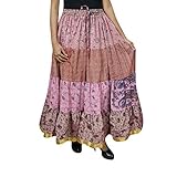 Womens Maxi Skirts Pink Vintage Printed Sari Belly Dance Skirt One Size