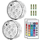 Puroma 2 Pack RGB Submersible LED Lights Remote Controlled, 16 Color Changing Waterproof Lights with 6 Batteries for Aquarium Swimming Pool Vase Base Fountain Garden Party Weeding Christmas Halloween
