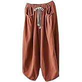 Minibee Women's Baggy Harem Pants Wide Leg Casual Pant Summer Cotton Drawstring Trousers with Pockets