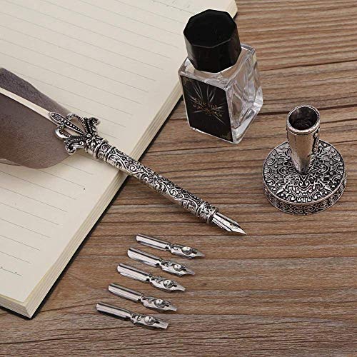 Handmade Dip Pen, English Calligraphy Feather Dip Quill Pen Writing Ink Set with 5 Replacement Nibs and Pen Nib Base for Stationery Gift(Black)