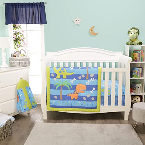EVERYDAY KIDS Dinosaur 4 Pc Crib Bedding and Nursery Set Includes Baby Bed Quilt, Fitted Sheet, Dust Ruffle and Diaper Stacker; Triceratops and T-Rex Dino Design for Baby Boys