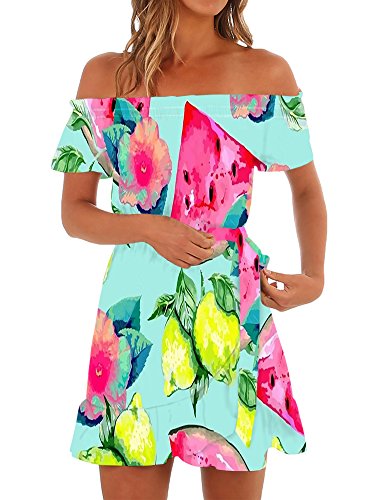 Womens Hawaiian Dresses Off The Shoulder Floral Short Sleeve Strapless Summer Beach Dress
