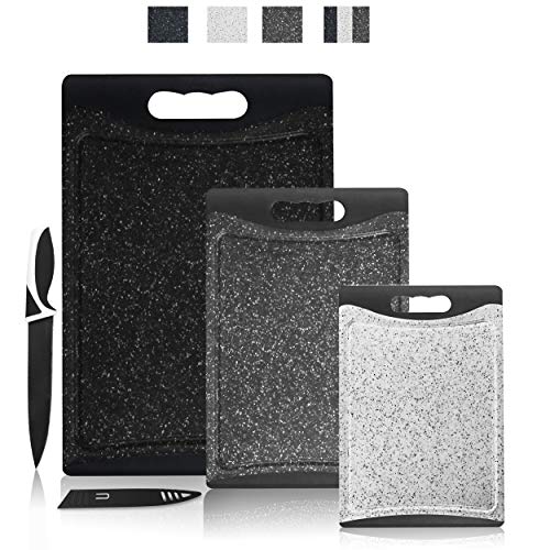 CHEF GRIDS Durable Plastic XL Marble Cutting Board, 3 Piece Set Chopping Board Thick Plastic, for Vegetable Meat or Cheese with Non-Slip Feet, Handles Juice Groove | Dishwasher Safe (Multi)