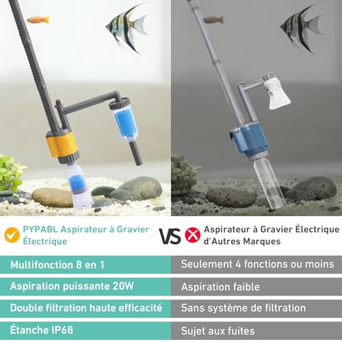PYPABL Electric Vacuum Cleaner For Aquarium, 1200LPH Cleaning Gravel 8 In 1 Removable, 20W Powerful Suction For Changing Water, Washing Sand, Removing Algae And Circulating Water