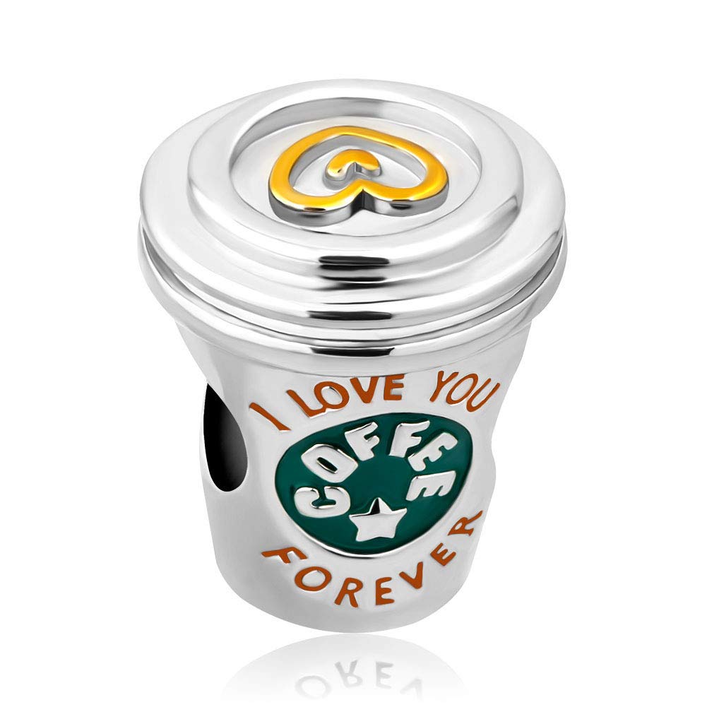 I Love Coffee Charm Green Enamel Heart Mug Cup Bead for European Bracelet&Necklace