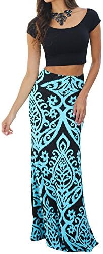 Uranus Women Asymmetric Aztec Geometry Print Fold Over Stretch Long Maxi Skirt Boho