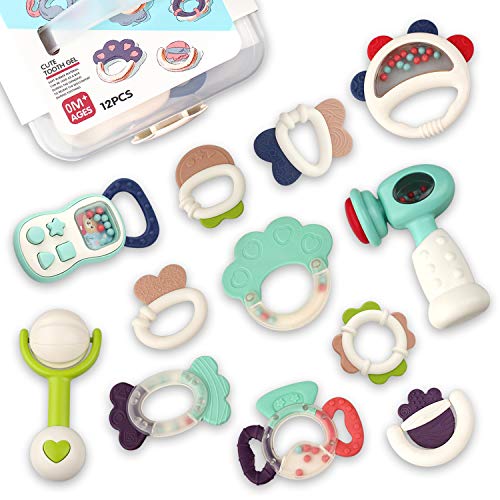 GrowthPic Baby Rattles Teether 2 in 1 Teething Toys,Infant Grasping Grab Silicone Teething Chewing Toys Spin Baby Rattles Gift Set,Shaking Bell Musical Toys for Newborns 3, 4, 5, 6, 7, 9, 12, Month