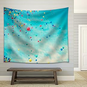 Colorful Helium Balloons in Flight - Fabric Wall Tapestry Home Decor - 51x60 inches