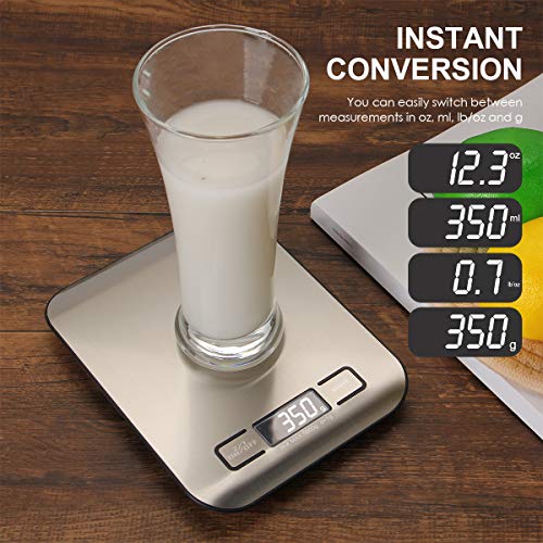 Digital Kitchen Scale, Multifunction Food Scale Measure weight(MAX:11LB/5KG/176OZ) accurately, Stainless Steel Scale digital weight, Tare Function, Large LCD Display, Waterproof and 4 unit