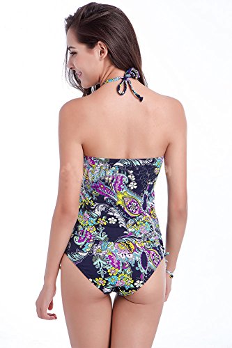 Shawhuaa Womens Floral Ruched Halter Tankini Swimsuit Swimwear Medium Dark Blue - Thumbnail 4