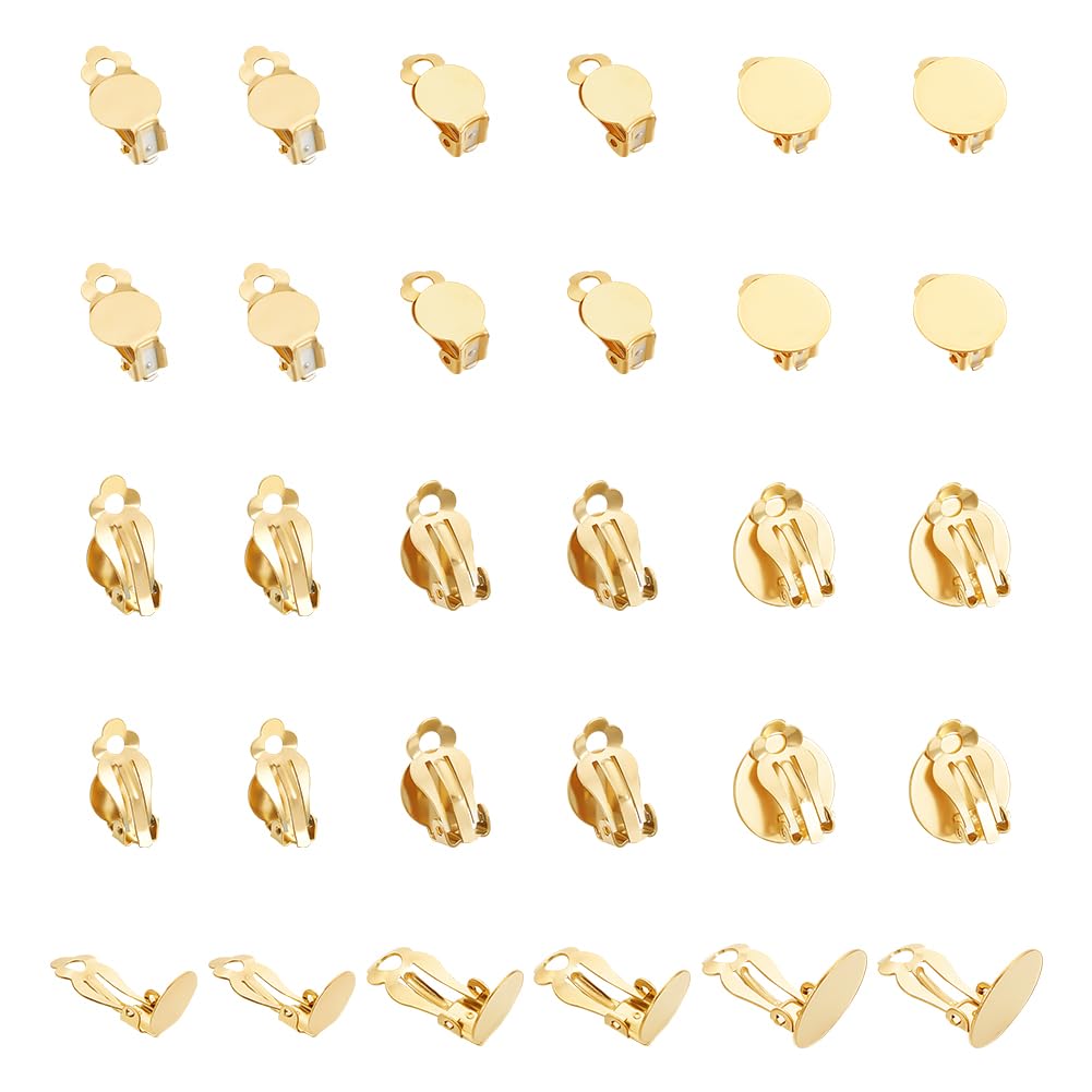 UNICRAFTALE 3Styles 30Pcs Real 18K Gold Plated Clip on Earring 304 Stainless Steel Flat Round Earring Settings Golden Tray Non-Pierced Earrings Components with Loops 16-22mm for Earring Jewelry Making