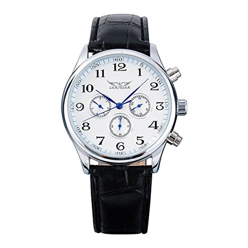 PIXNOR JARGAR J010 Fashion Multi-functional Men's Boys Round Dial Automatic Mechanical Wrist Watch with Date Week PU Band (White)