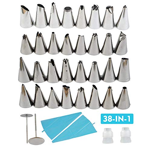 Xindinyi 38-in-1 Baking Supplies Cake Decorating Kits Tips with Storage Case, 32 Stainless Steel Icing Piping Tips with 2 Flower Nails, 2 Silicone Piping Bags and 2 Reusable Couplers