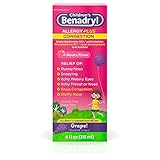 Children's Benadryl Allergy Plus Congestion Liquid, Made with Diphenhydramine HCl Antihistamine & Phenylephrine HCl Nasal Decongestant, Alcohol- & Sugar-Free, Grape Flavor, 4 fl. oz (Pack of 2)