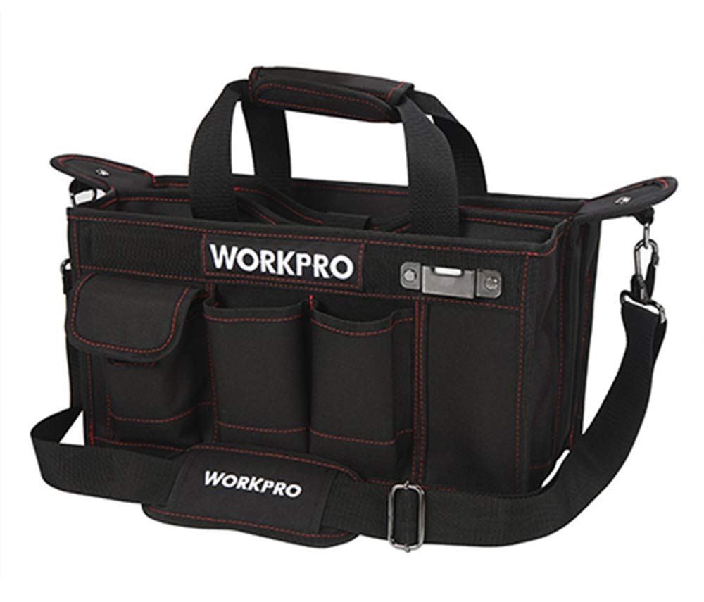 WORKPRO 15-inch Tool Storage Bag Collapsible with Center Tray for Hardware Parts, Adjustable Shoulder Strap Included
