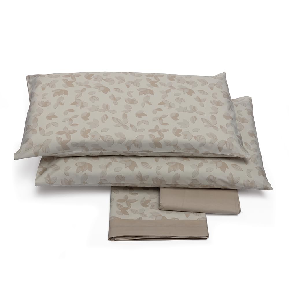Foppapedretti Notte & Natura Double Bed Set 2P, Top Sheet, Fitted Sheet and 2 Pillowcases; Sand Leaves 100% Cotton, Made in Italy