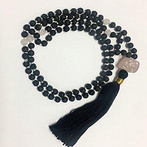 Free Black lava Beads Property &amp; Benefit Booklet Lava &amp; rose Quartz Prayer 108 + 1 Stone Guru Bead on Hand-Knotted String Mala with Embroidered Sanskrit Symbol Bag .