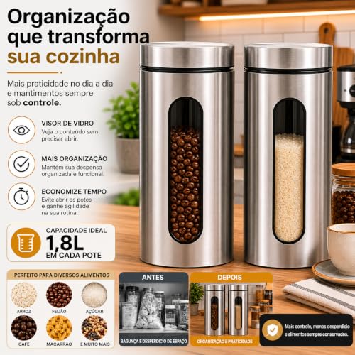Kit Com 2 Potes Vidro Vítreo Grande Revestidos Em Inox 1,8L | Com Tampa de Vedação e Visor - Ideal para Armazenar Macarrão, Arroz, Feijão, Açúcar, Grãos e Mantimentos
