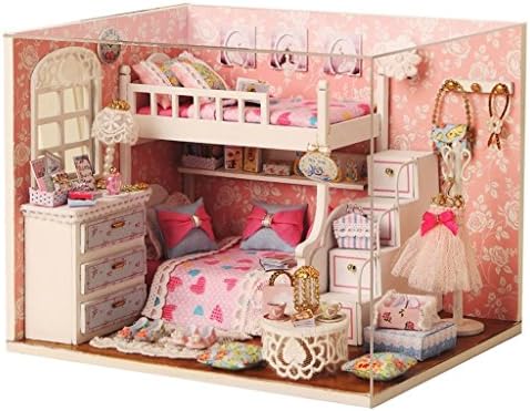 Saumota Modern Wooden DIY Mini House Gift Miniature Dollhouse Kit With Cover and Led Lights-Pink