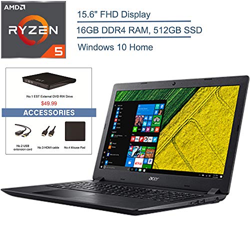 2020 Acer Aspire 3 15.6″ FHD Laptop Computer, AMD Ryzen 5 2500U Quad-Core Up to 3.6GHz (Beats I7-7500U), 16GB DDR4 RAM, 512GB SSD, 802.11AC WiFi, Black, Windows 10, EST USB External DVD + Accessories