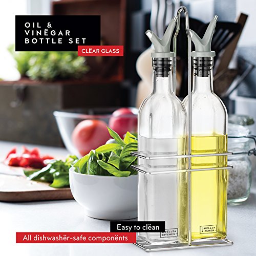 Dwellza Kitchen Glass Olive Oil and Vinegar Dispenser Set with FREE Collapsible Silicone Funnel | No-Drip Double Spouts | Dishwasher-Safe Bottles and Stainless Steel Holder in Break-Free Packaging