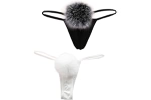ADESUGATA Womens Thong Pantie Cute Rabbit Tail Low Waist G-String Fur Ball Solid Bikini T-Back Cosplay Bunny Girl Underwear