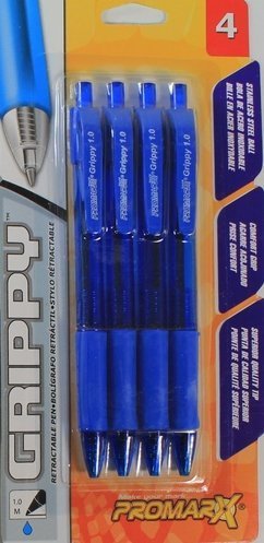 Promarx Grippy 1.0mm Retractable Pens, Blue Ink, Comfort Grip, 4-pack