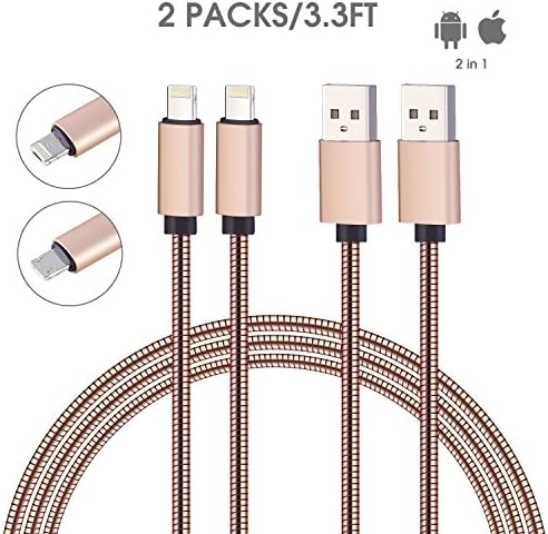 Android Charger &amp; Iphone Charger 2 in 1 Charger Lightning Cable, 2 Packs 3.3ft Micro USB Metal Charging &amp; Sync Cable for Android Samsung Galaxy iPhone iPad and More - Rose Gold