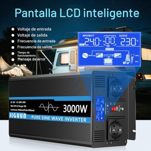 JIGUUN 3000W/6000W Inverter 24V 220V Pure Wave Inverter | Charger 20A and Priority Circuit Network and UPS,2 EU outlets, Wireless Remote Control and LCD Display