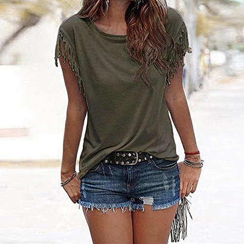 Clearance!!! Women Sexy Tassel Short Sleeve Top Summer Loose Blouse Shirt (L2, Army Green)