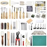 SIMPZIA Leather Working Tools 128 Pieces Leather Hand Sewing Tools Kit with Prong Punch Edger Creaser Groover Awl for Sewing Leather, Canvas, DIY Leathercraft Tool, Be Careful of Its Sharp Edge