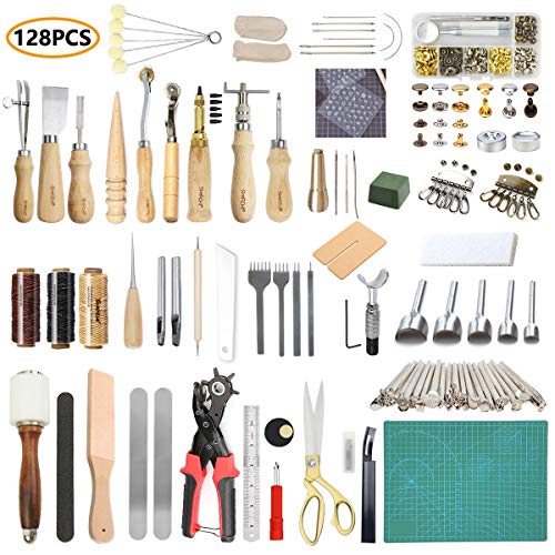 SIMPZIA Leather Working Tools 128 Pieces Leather Hand Sewing Tools Kit with Prong Punch Edger Creaser Groover Awl for Sewing Leather, Canvas, DIY Leathercraft Tool, Be Careful of Its Sharp Edge