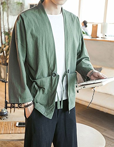 Plaid&Plain Men's Vintage Kimono Cardigan Casual Linen Pocket Cardigan Coat Green M - Thumbnail 2