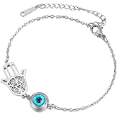 PDOUSELF Evil Eye Bracelet for Women, Adjustable Stainless Steel Evil Eye with Hamsa Bracelets, Protection Bracelet Jewelry Christmas Gift