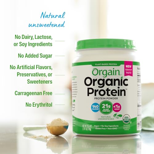 Orgain Organic Vegan Protein Powder, Natural Unsweetened - 21g of Plant Protein, 4g Prebiotic Fiber, Low Net Carbs, No Lactose Ingredients, No Added Sugar, Non-GMO, For Shakes & Smoothies, 1.59 lb