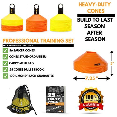 Bltzpro Disc Cones (Set of 56) - Agility Soccer Cones with Carry Bag and Holder for Training, Football, Kids, Sports, Field Cone Markers - Includes Top 25 Drills eBook (Yellow) - Thumbnail 2