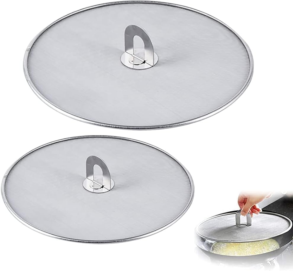 YFOX Stainless steel splash guard, with foldable kitchen handle, practical kitchen frying pan oil lid can be attached to any pot or pan, a set of 2, diameter (25 cm + 32 cm).