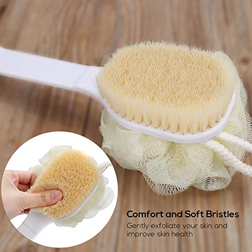 Bath Body Brush with Loofah and Bristles, Bosiwee Back Scrubber Shower Sponge Pouf for Dry Skin Brushing, Gentle Exfoliating with Long Handle