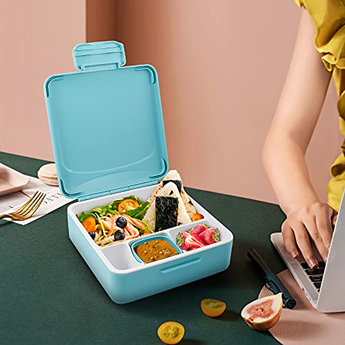 Victarvos Lunch Box with Cutlery & Sauce Pot, Leakproof Bento Box with Removable Compartments, Large Lunchbox for Kid and Adult, BPA Free, Microwave & Dishwasher Safe, Blue