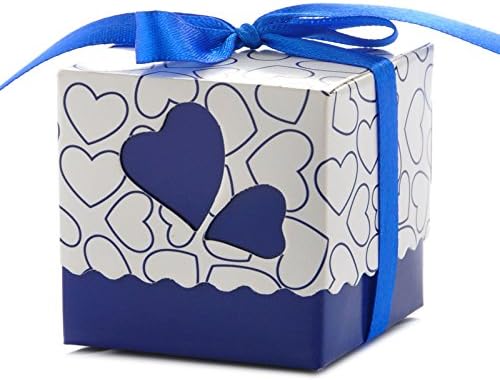 Vsolucky 50pcs Blue Heart Window Candy Paper Box Wedding Party Favor Gift Boxes with Ribbons for Bridal Party Birthday Baby Shower Decoration