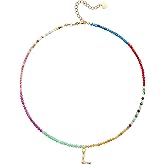 MEVOME Beaded Initial Necklace for Women, Boho Natural Stone Semi-Precious Stone 18K Gold Plated Letter Pendant Rainbow Colorful Trendy Alphabet Dainty Choker Jewelry for Women Summer Beach Party
